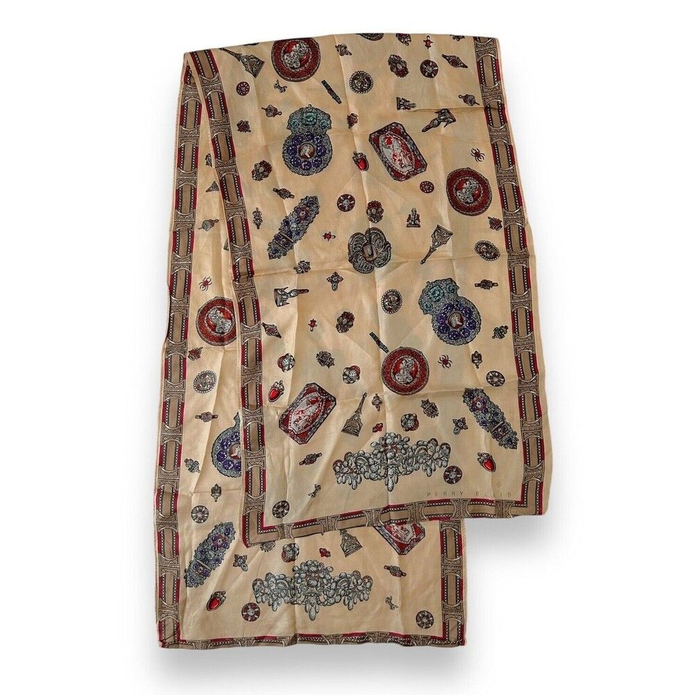 Antique Luxury Design Light Brown & Red Wine Rectangular Scarf 62” X 16” Unisex